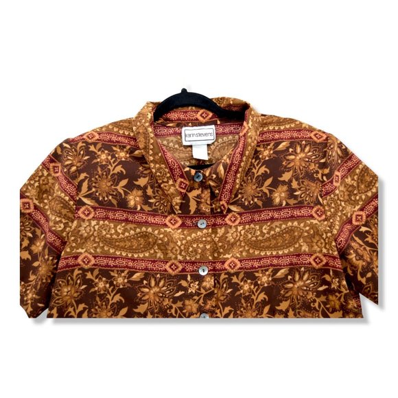 Karin Stevens Y2K Brown Open Slit Back Shirt Shoulder Pad Size 16 90s - Picture 2 of 5